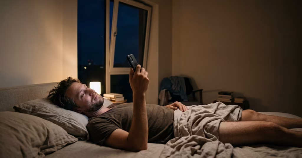 Mann liegt nachts wach im warmen Schlafzimmer und schaut müde aufs Handy
