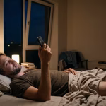 Mann liegt nachts wach im warmen Schlafzimmer und schaut müde aufs Handy
