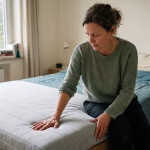 Frau testet den Härtegrad einer Matratze mit der Hand