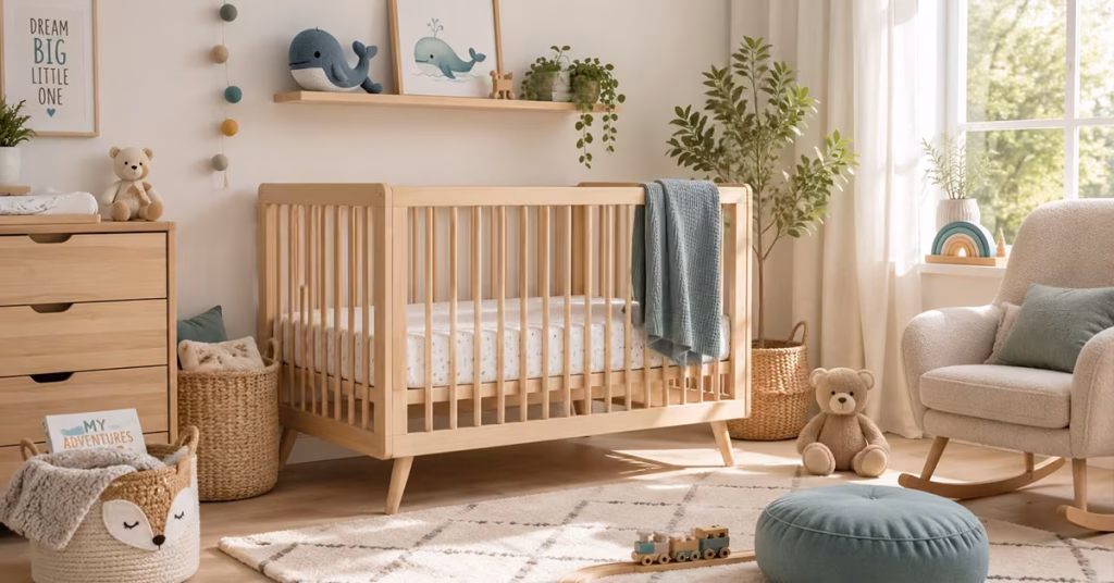 Helles Kinderzimmer mit Kinderbett und fester Matratze in skandinavischem Stil