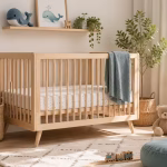 Helles Kinderzimmer mit Kinderbett und fester Matratze in skandinavischem Stil