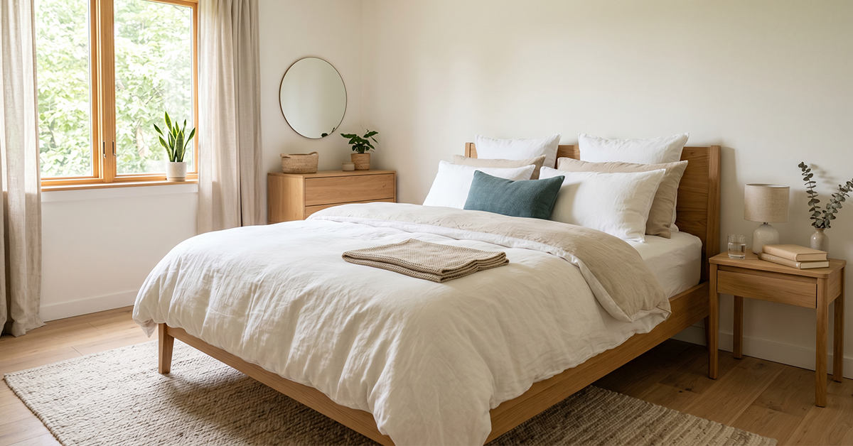 Helles Schlafzimmer mit frisch bezogenem Bett und neuer Matratze