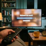 Spätabendliche Wohnzimmerszene mit leuchtendem Fernseher, Fernbedienung in der Hand und einer Uhr, die 0:43 zeigt
