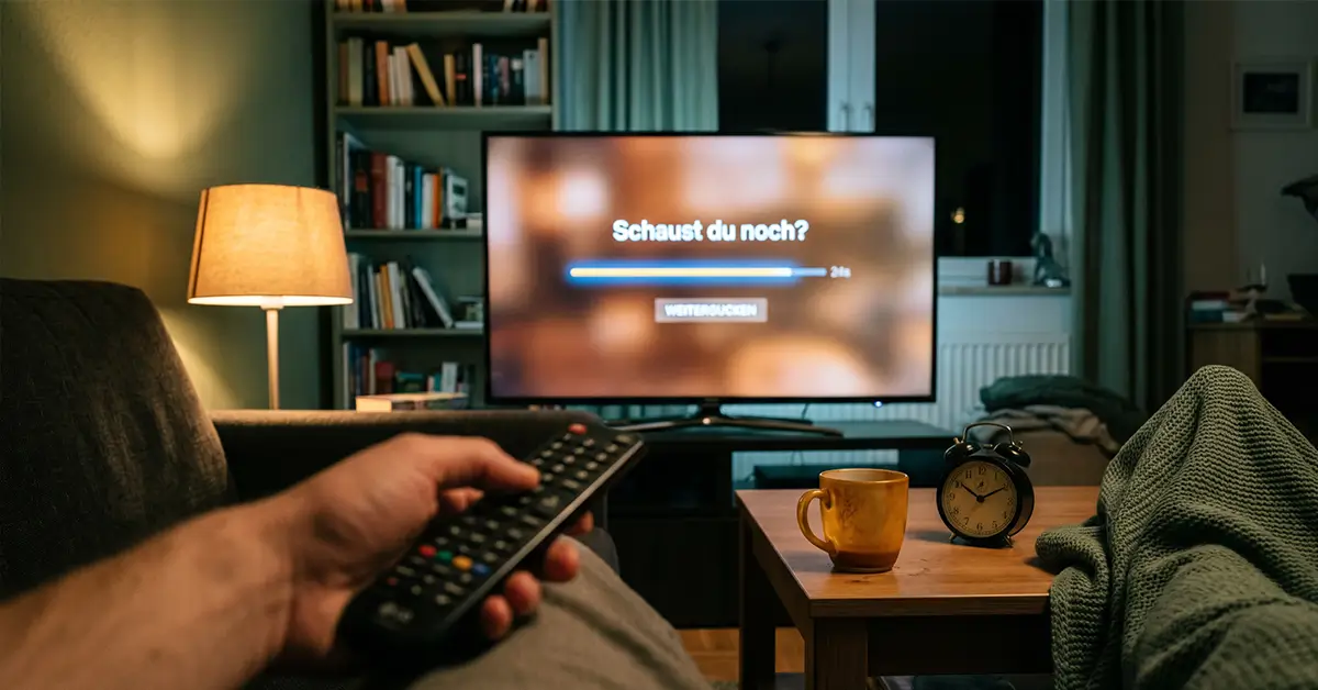 Spätabendliche Wohnzimmerszene mit leuchtendem Fernseher, Fernbedienung in der Hand und einer Uhr, die 0:43 zeigt