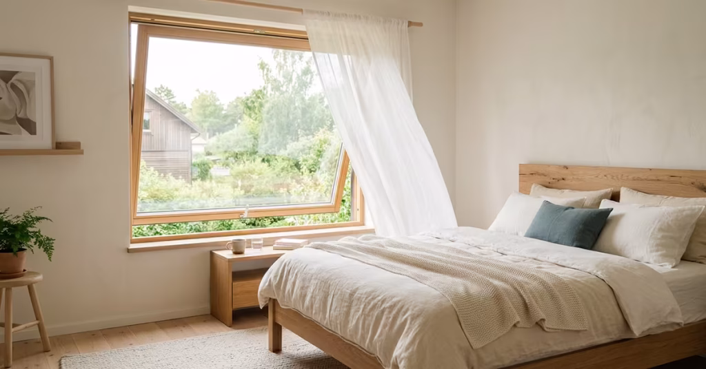 Schlafzimmer mit gekipptem Fenster und frischer Luft am Morgen