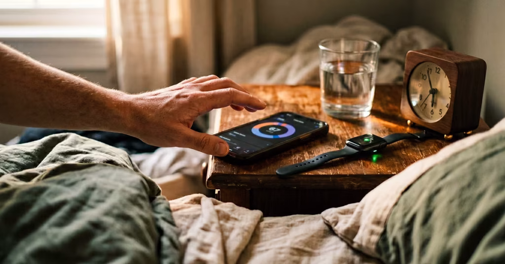 Hand greift morgens auf dem Nachttisch nach einem Smartphone mit Schlaftracker-App und niedrigem Score