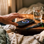 Hand greift morgens auf dem Nachttisch nach einem Smartphone mit Schlaftracker-App und niedrigem Score